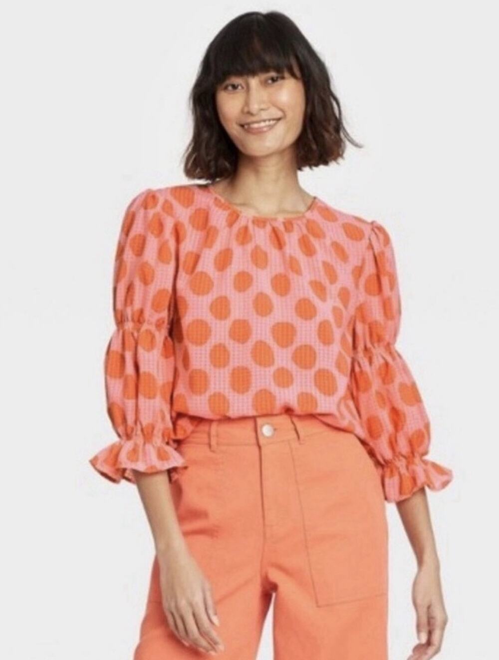 Who What Wear Orange Polka Dot Puff Sleeve Blouse Women’s S